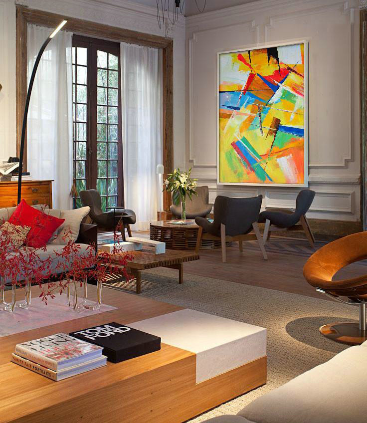 Hand Painted Original Art,Vertical Palette Knife Contemporary Art,Large Contemporary Painting,Yellow,Red,Blue,White.etc